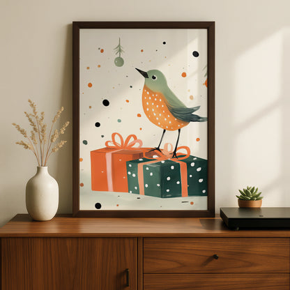 Christmas Robin Poster, Festive Bird Wall Art, Cute Xmas Gift Print, Green Orange Illustrated
