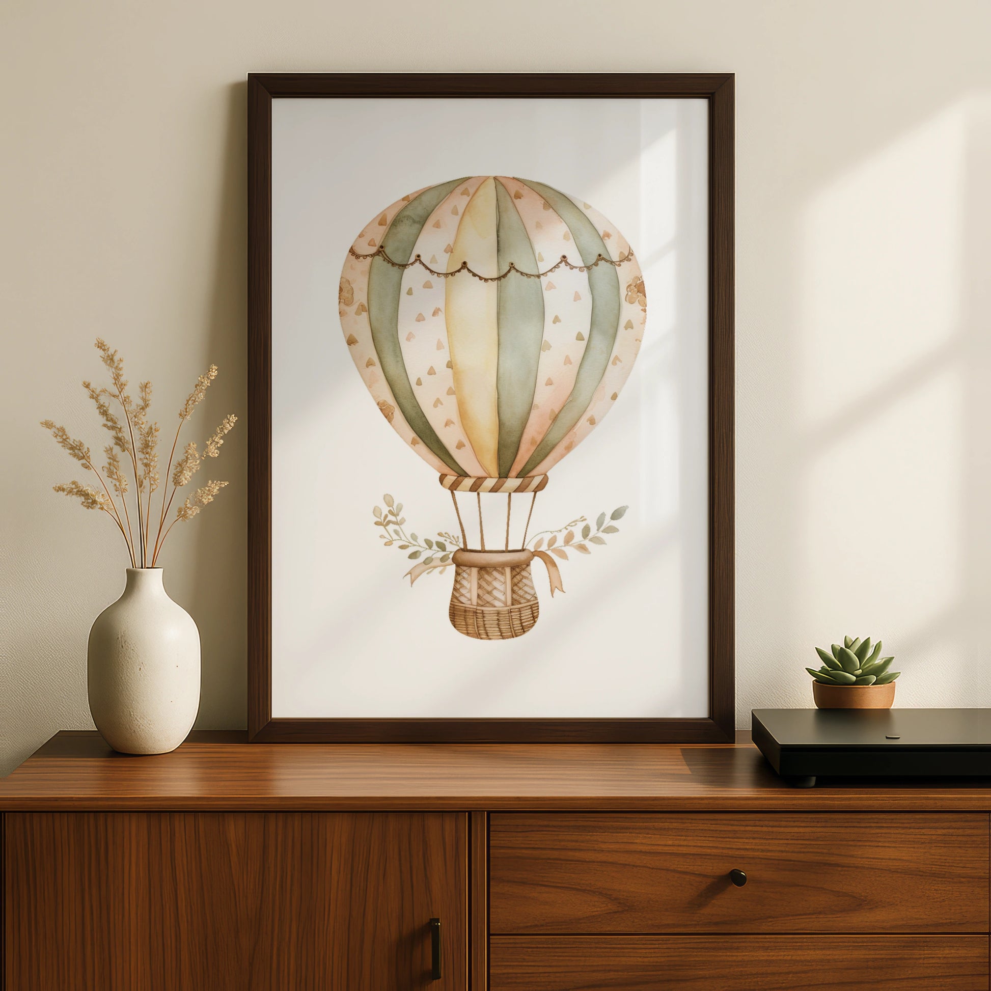 Hot Air Balloon Nursery Wall Art, Boho Baby Poster, Sage Green Neutral Decor Print