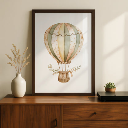 Hot Air Balloon Nursery Wall Art, Boho Baby Poster, Sage Green Neutral Decor Print