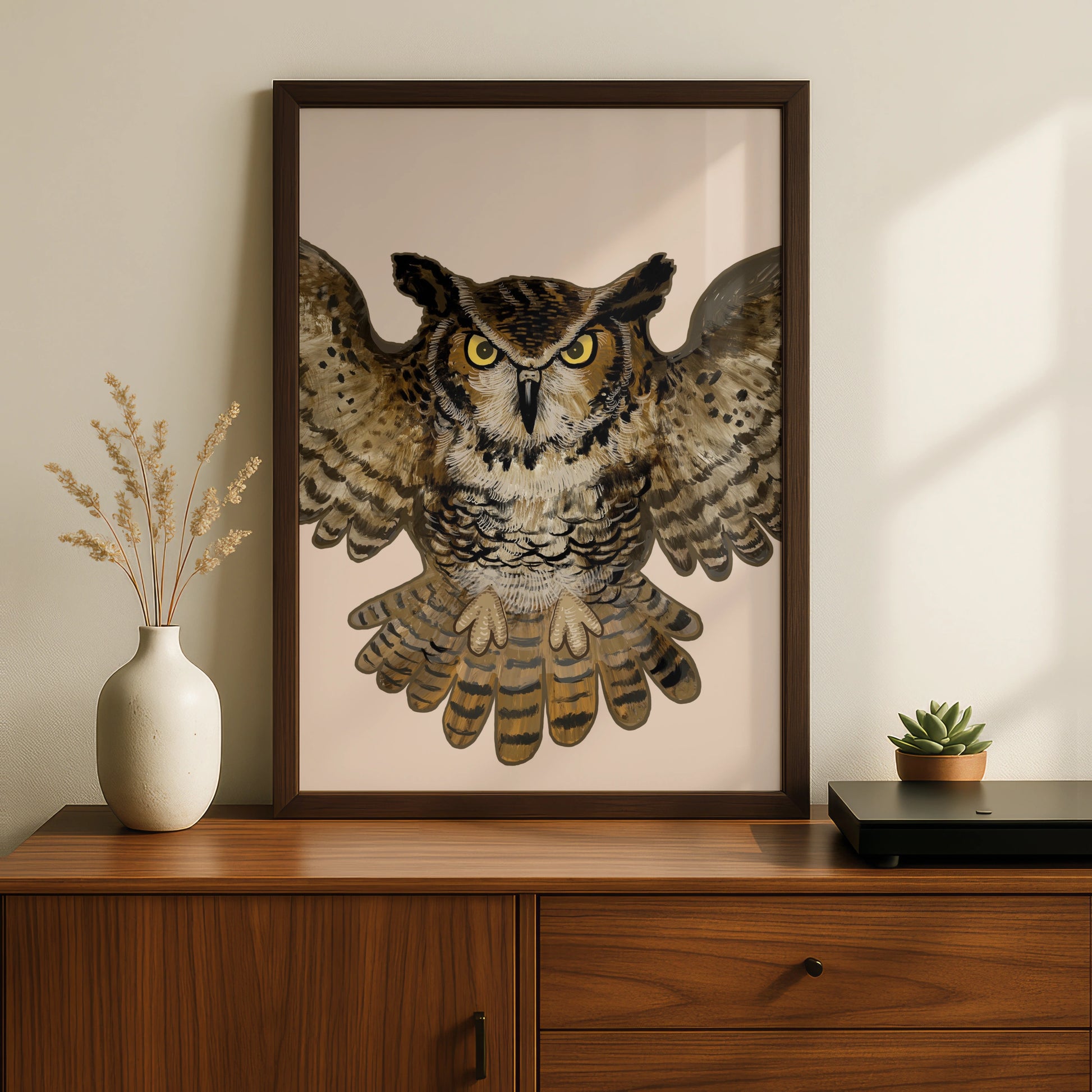 Halloween Owl Poster, Spooky Owl Wall Art, Great Horned Owl Print, Brown Bird Art