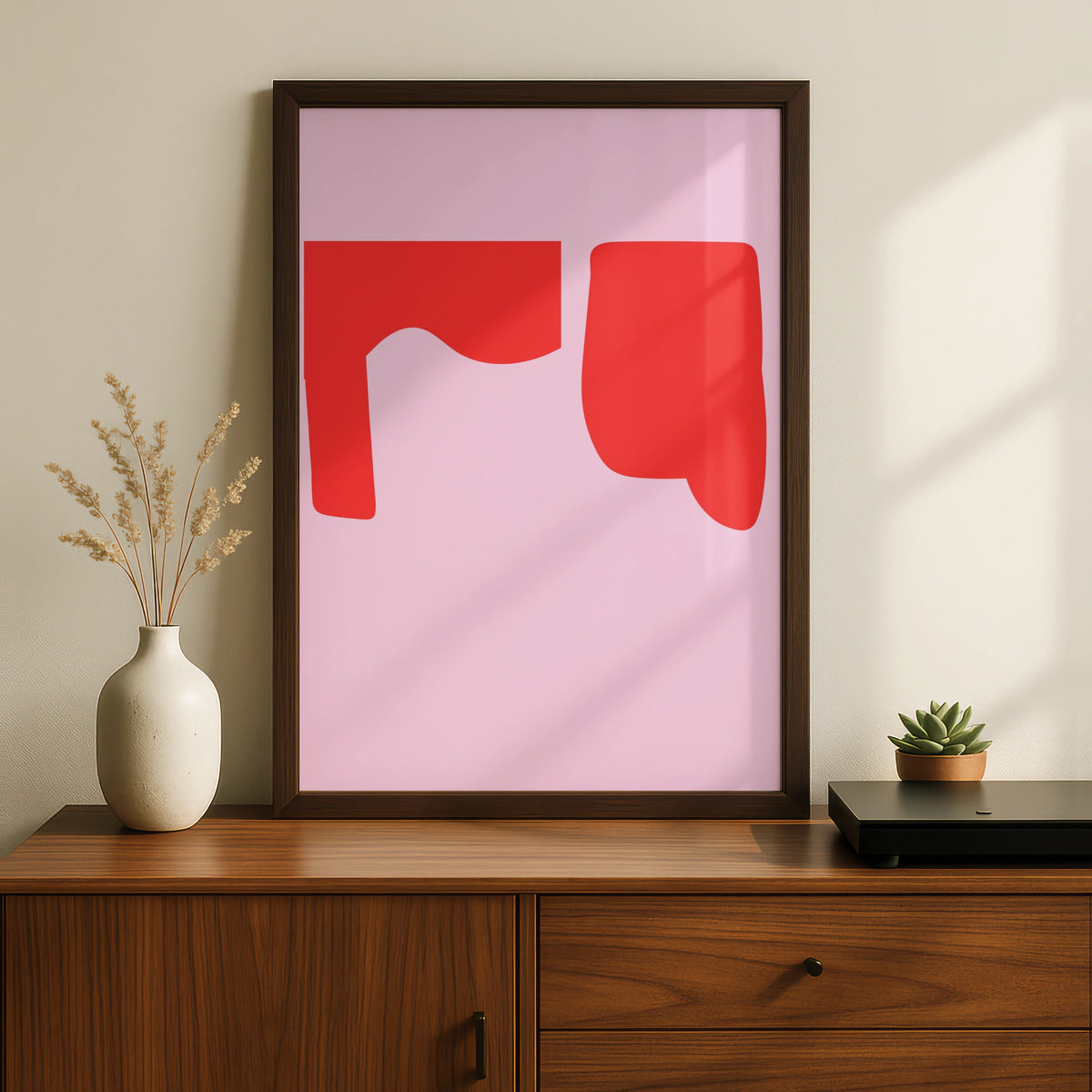 Maximalist Abstract Shape Poster, Bold Red Pink Modern Wall Art Print, Retro Geometric