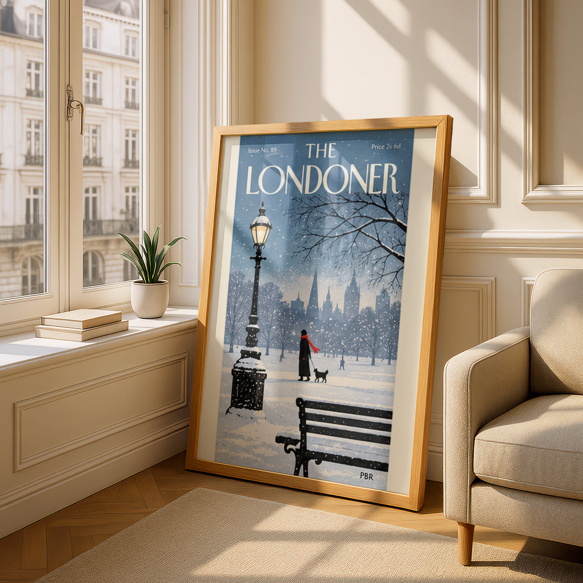 Snowy London Park Poster, Winter Wall Art, Vintage Magazine Cover Print, Lamppost Dog Walker Art