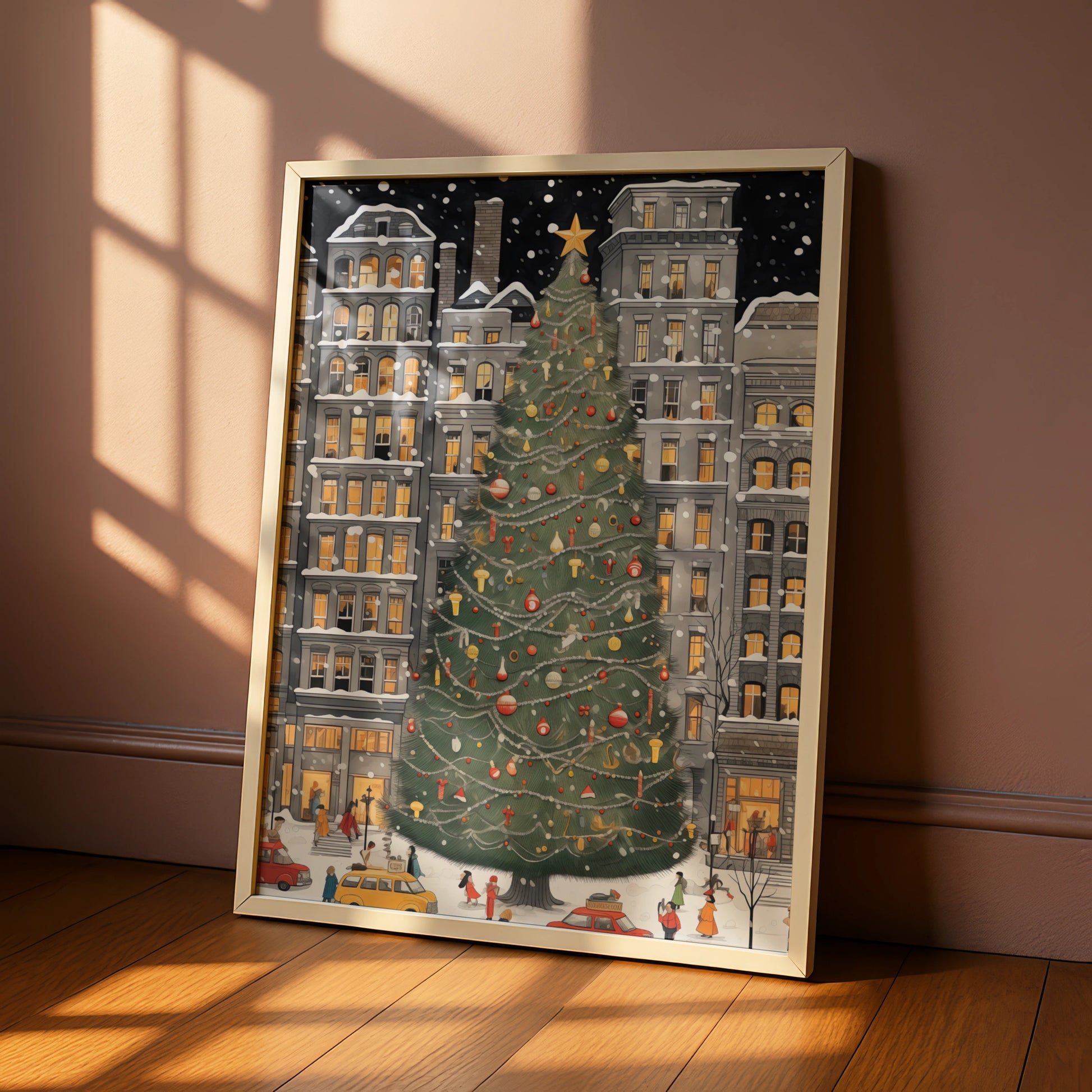 Christmas Tree City Poster, Festive Winter Snow Scene, Holiday Wall Art Print