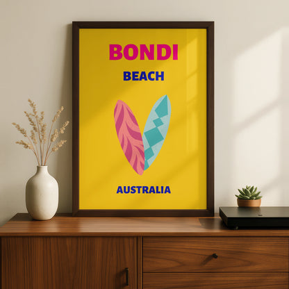 Bondi Beach Australia Travel Poster, Retro Surf Wall Art, Sydney Colourful Print