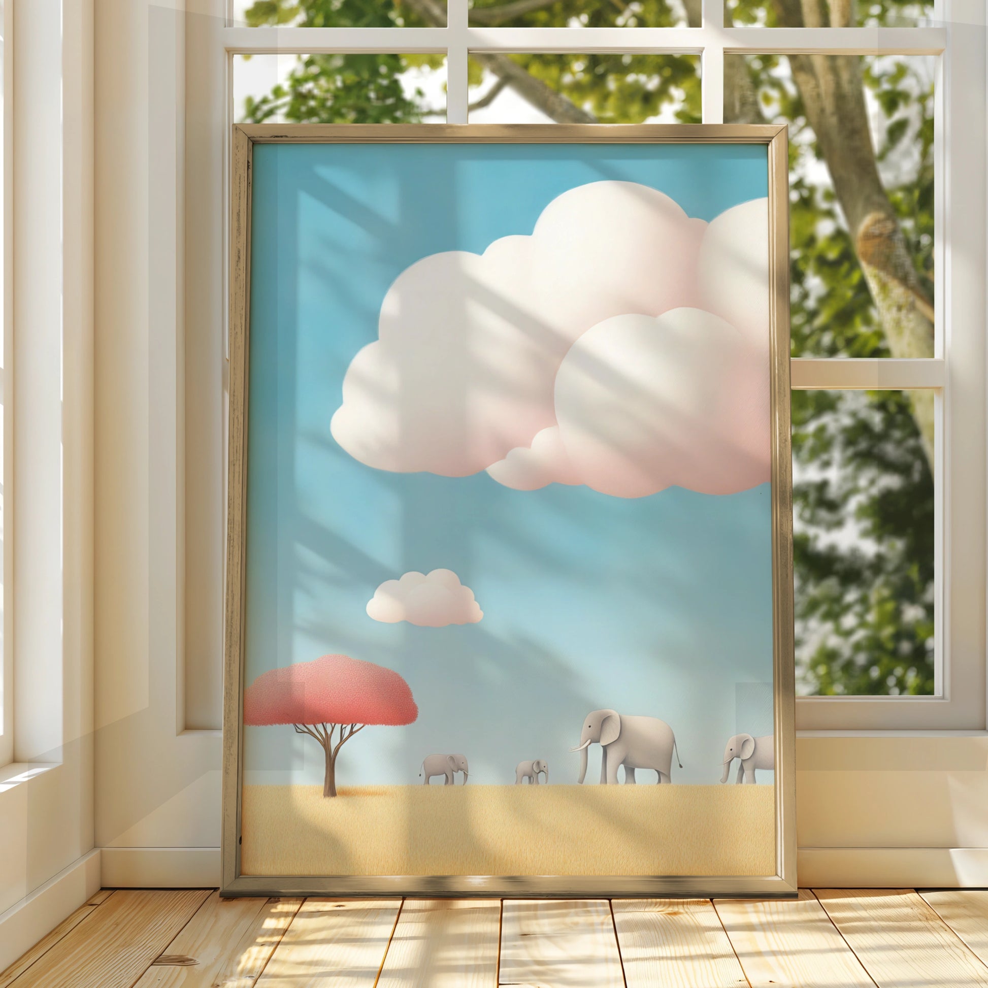 Elephant Nursery Wall Art, Baby Safari Print, Pastel Blue Kids Room Poster, Cute Animal Decor