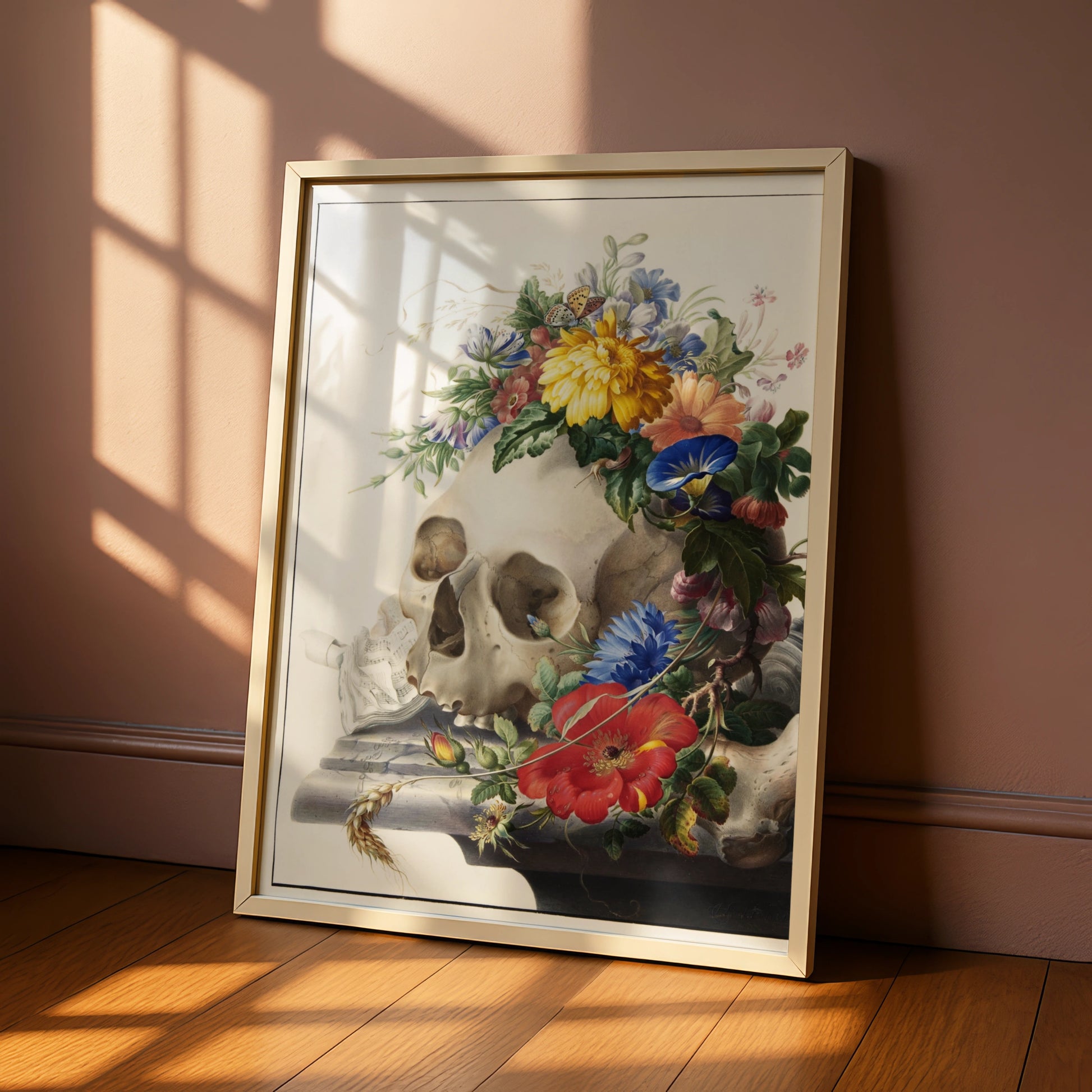 Halloween Skull Floral Poster, Vanitas Wall Art, Gothic Botanical Print, Dark Academia Decor