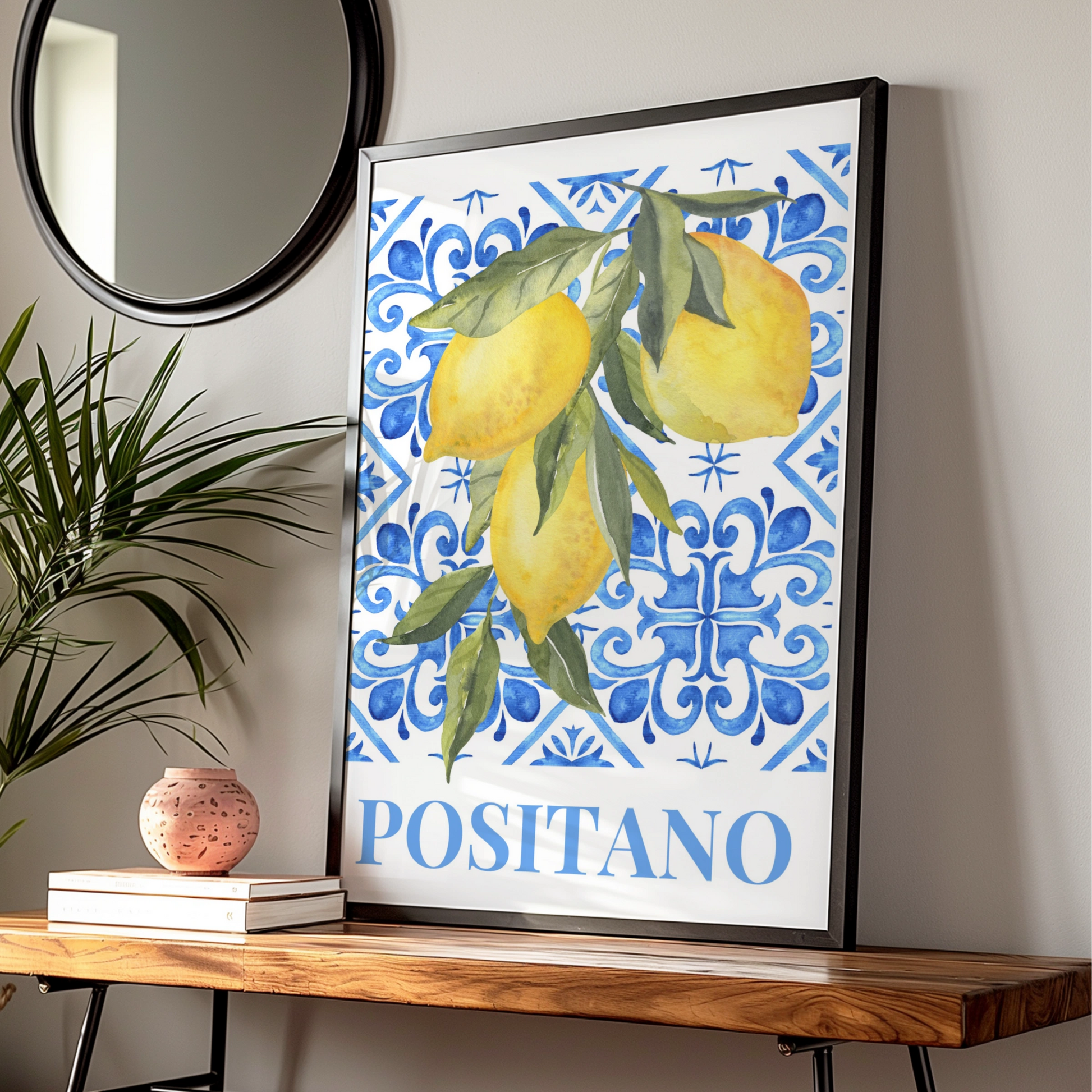 Positano Lemon Maximalist Poster, Italian Amalfi Coast Wall Art, Blue Tile Print