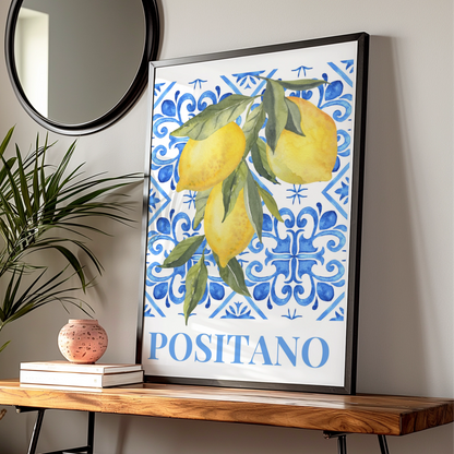 Positano Lemon Maximalist Poster, Italian Amalfi Coast Wall Art, Blue Tile Print