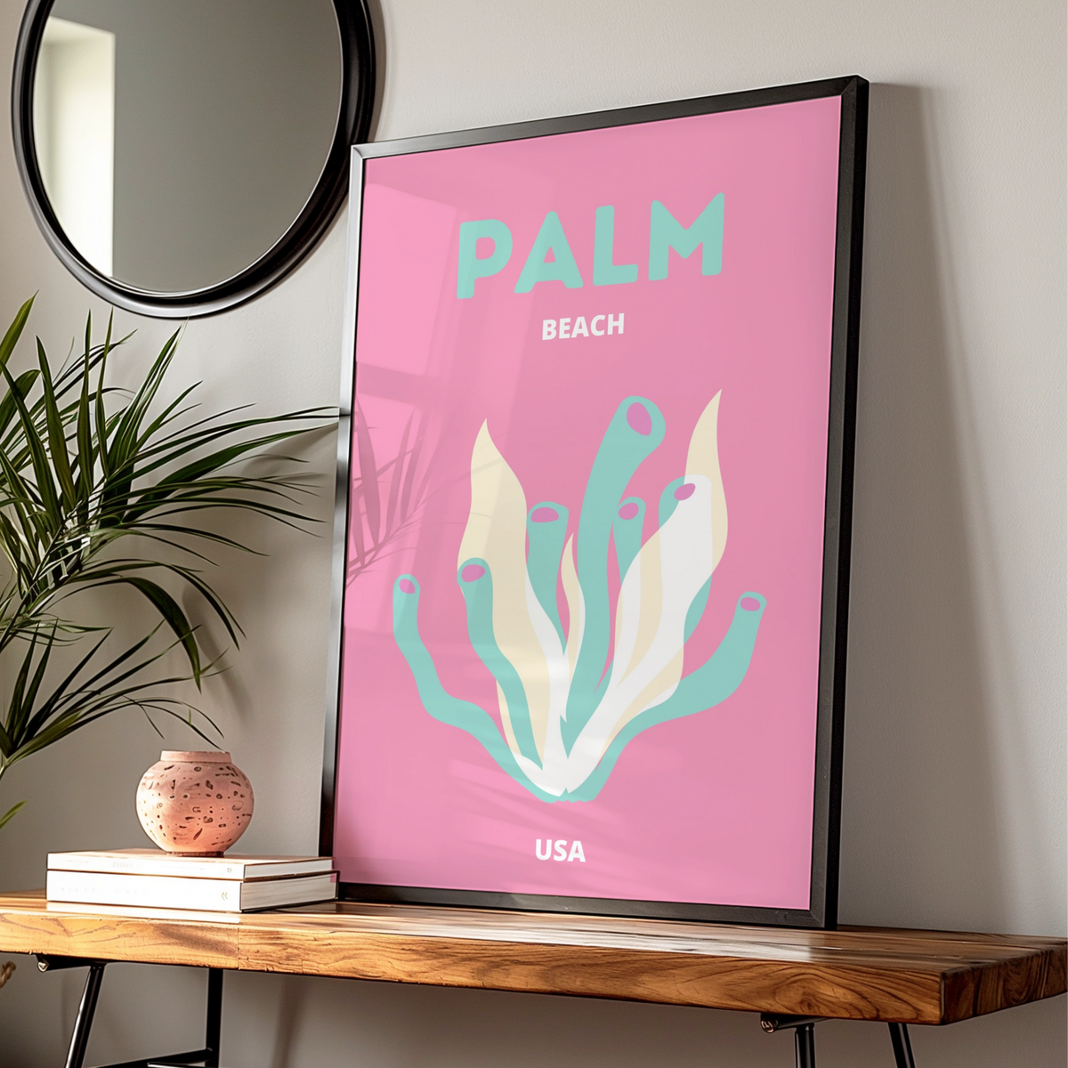 Palm Beach Travel Poster, Florida USA Wall Art, Retro Beach Print, Pink Coral Coastal Decor