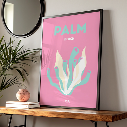 Palm Beach Travel Poster, Florida USA Wall Art, Retro Beach Print, Pink Coral Coastal Decor