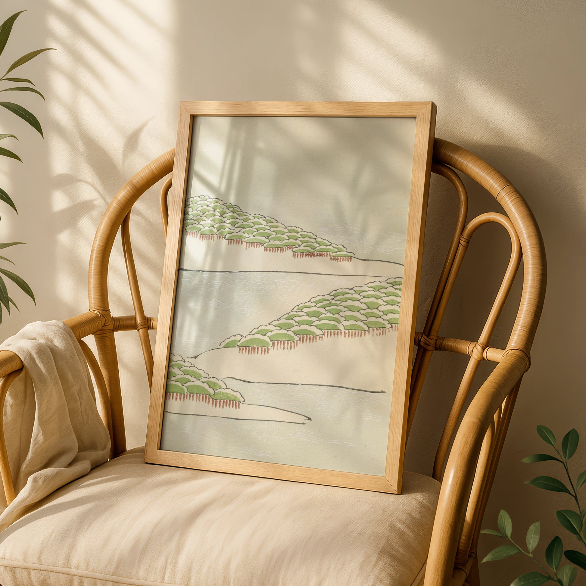 Vintage Japanese Woodblock Print, Bijutsukai 1901, Japandi Wall Art, Minimalist Pine Coast Poster – A5 White frame