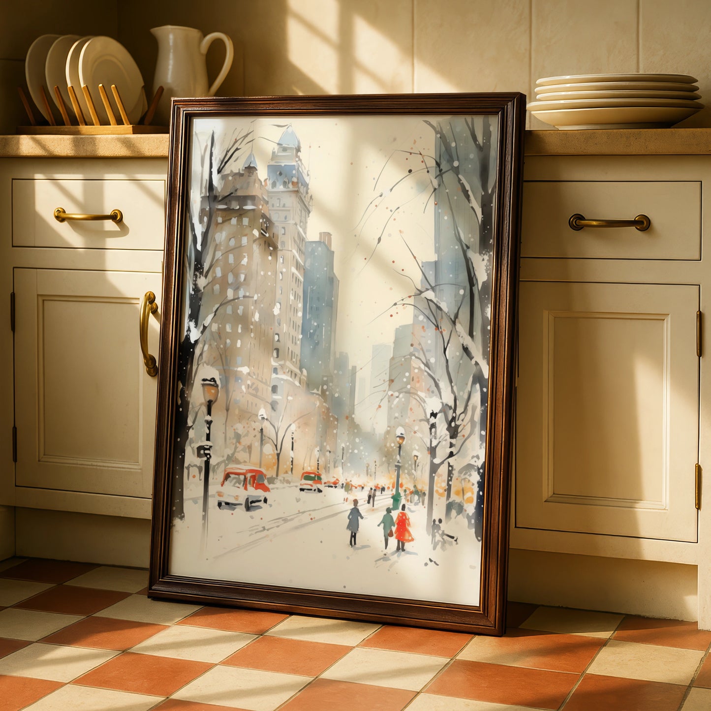 Christmas New York City Snow Poster, Winter NYC Watercolour Wall Art Print