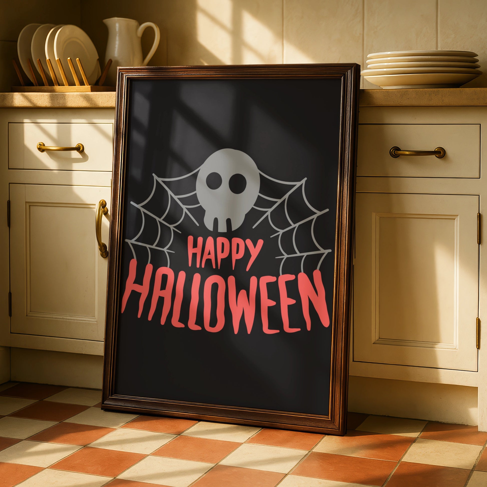 Happy Halloween Skull Spider Web Poster, Spooky Wall Art, Black Pink Halloween Print