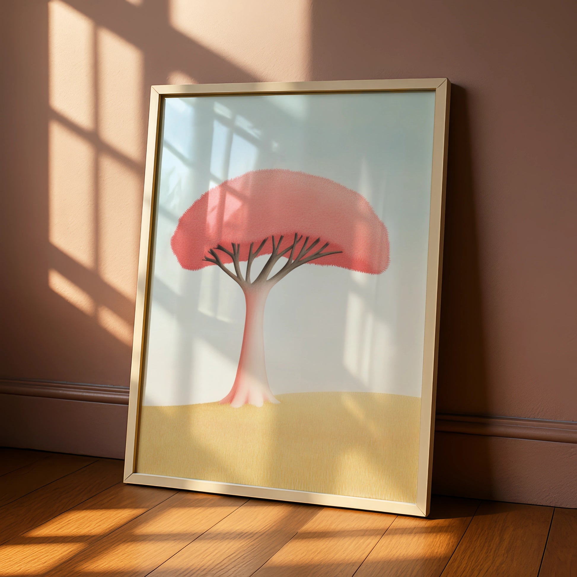 Pink Tree Nursery Wall Art, Pastel Nature Print, Baby Room Poster, Kids Decor