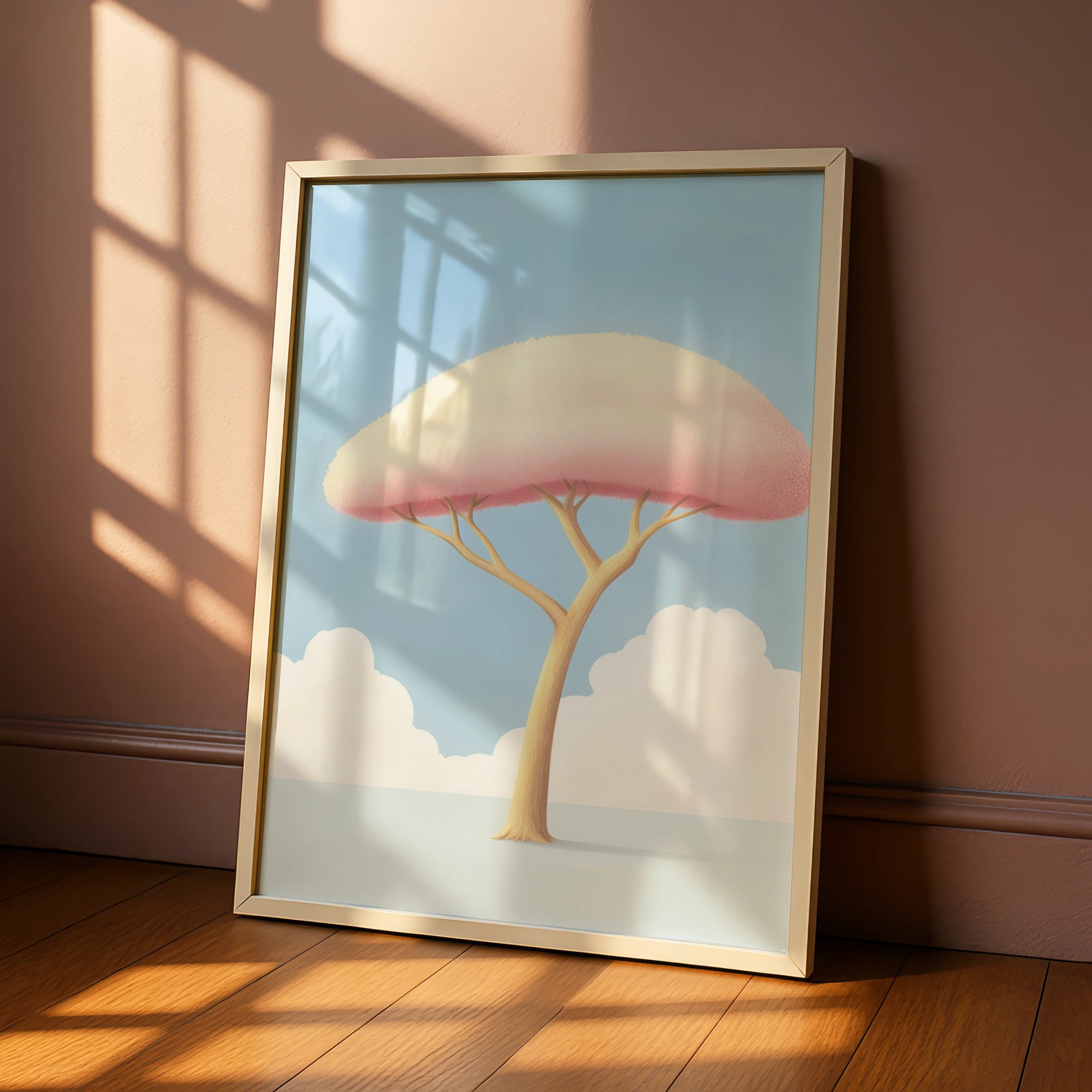 Nursery Tree Wall Art, Pink Pastel Baby Room Print, Minimalist Kids Poster, Blue Sky