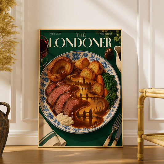 London Roast Dinner Poster, Vintage Magazine Cover Wall Art, Kitchen Art Print, Dining Room Decor