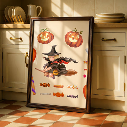 Halloween Witch Pumpkin Ghost Wall Art, Black Cat Candy Poster, Cute Spooky Print