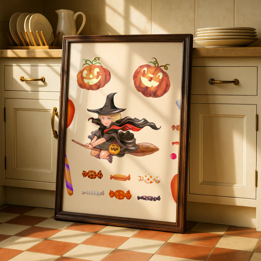 Halloween Witch Pumpkin Ghost Wall Art, Black Cat Candy Poster, Cute Spooky Print