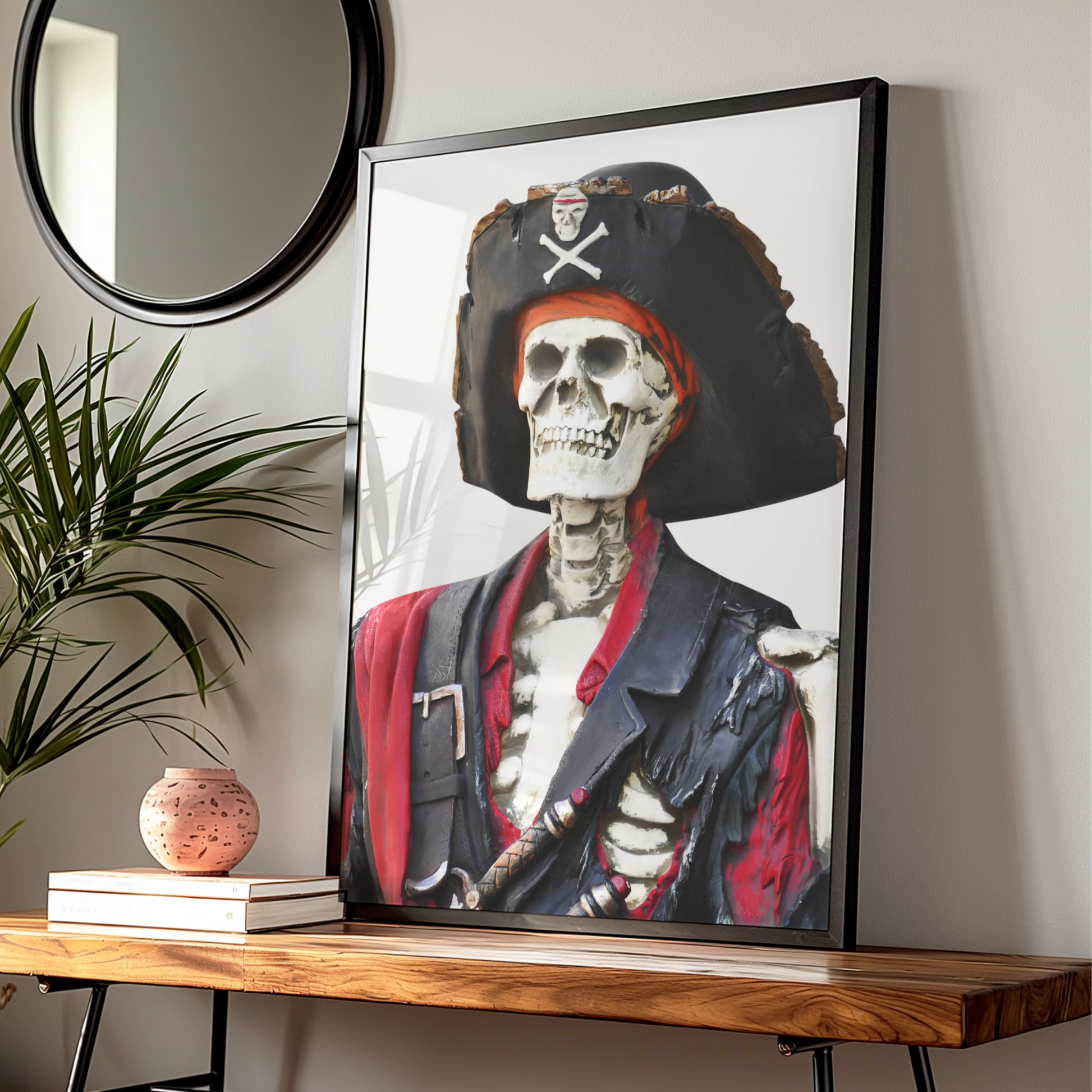 Skeleton Pirate Halloween Art Print, Skull Crossbones Poster, Spooky Wall Art