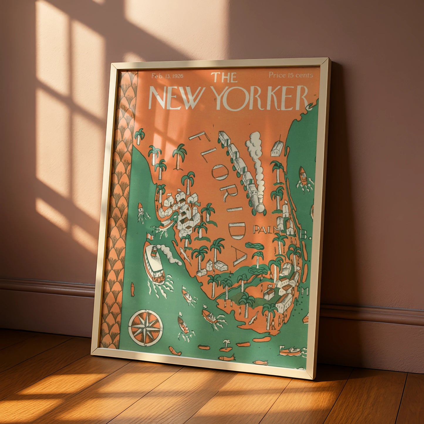 The New Yorker 1926 Florida Map Poster, Vintage Travel Wall Art, Palm Beach Print