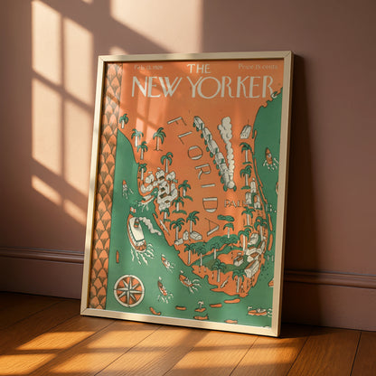 The New Yorker 1926 Florida Map Poster, Vintage Travel Wall Art, Palm Beach Print