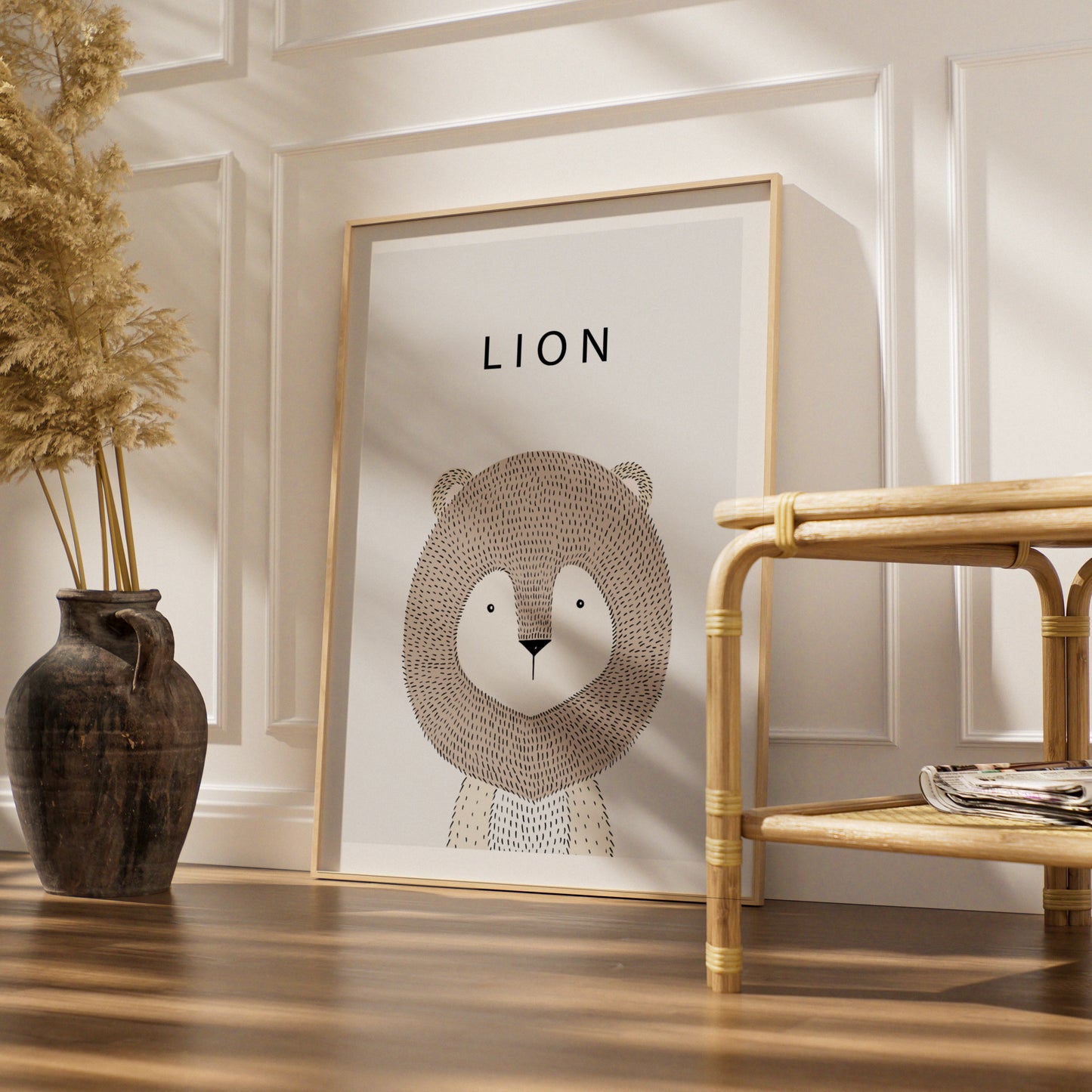 Lion Nursery Poster, Cute Animal Print, Minimalist Kids Wall Art, Neutral Beige Scandi Decor