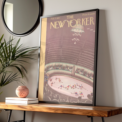 New Yorker 1929 Ice Hockey Arena Cover Art Poster, Vintage Sports Wall Art Print