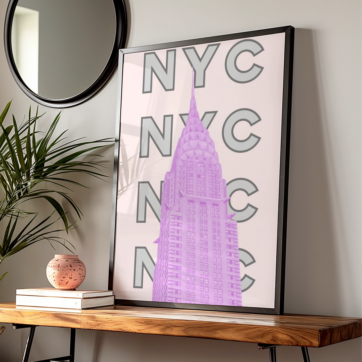 New York City Travel Poster, NYC Wall Art, Pink Retro City Print, Manhattan Skyscraper Decor