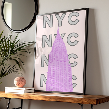New York City Travel Poster, NYC Wall Art, Pink Retro City Print, Manhattan Skyscraper Decor