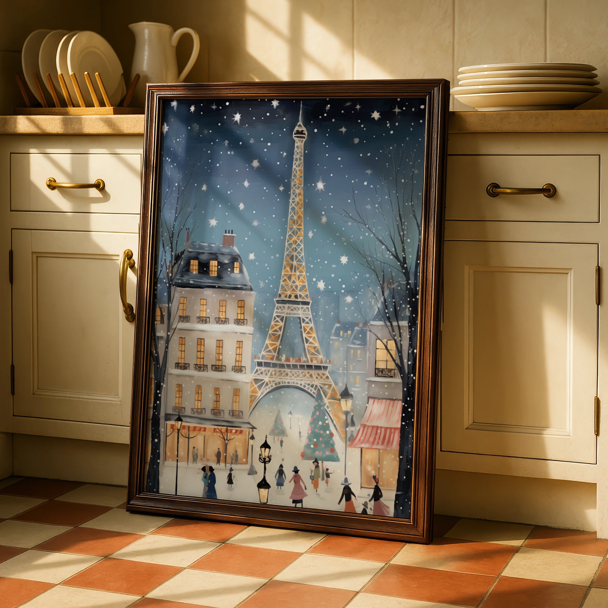 Paris Christmas Poster, Eiffel Tower Winter Snow Wall Art, Festive French Holiday Print