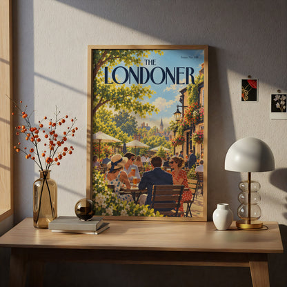 London Pub Garden Poster, Summer Beer Garden Wall Art, Vintage Magazine Cover Style Illustration