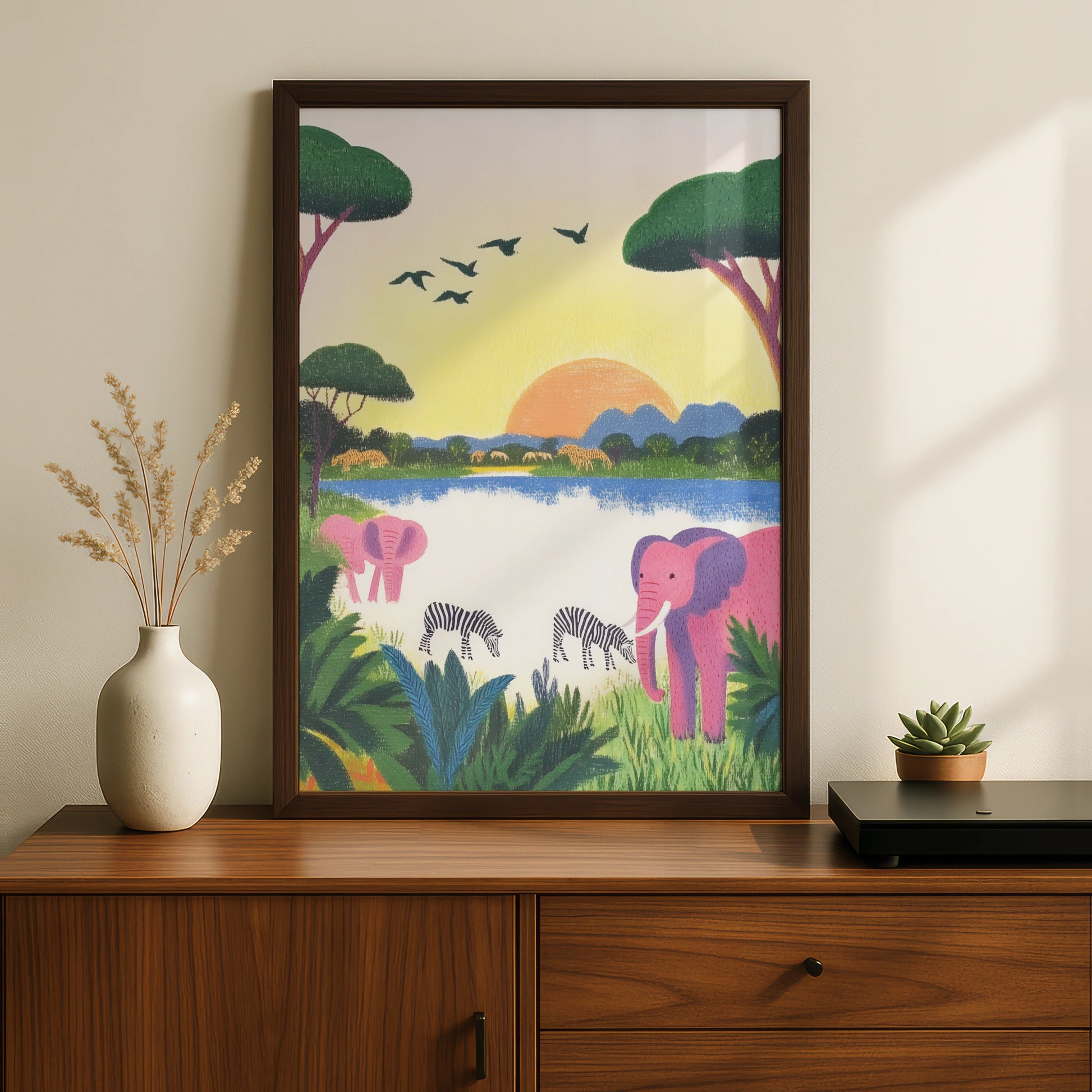 Safari Nursery Wall Art, Elephant Zebra Print, Colourful Animal Poster, Kids Room Decor