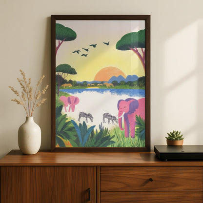 Safari Nursery Wall Art, Elephant Zebra Print, Colourful Animal Poster, Kids Room Decor
