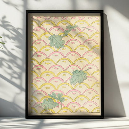 Japanese Botanical Print, Vintage Woodblock Wall Art, Leaf Scallop Pattern, Japandi Floral Poster – A4 Black frame
