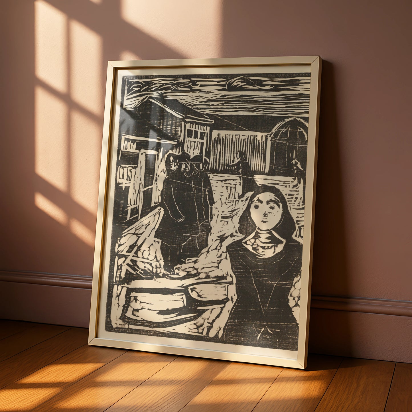 Halloween Woodcut Art Print, Dark Gothic Village Scene, Black White Spooky Wall Art Poster