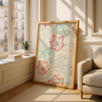 Japanese Botanical Print, Vintage Woodblock Wall Art, Maple Leaf Floral Japandi Poster – A5 Oak frame