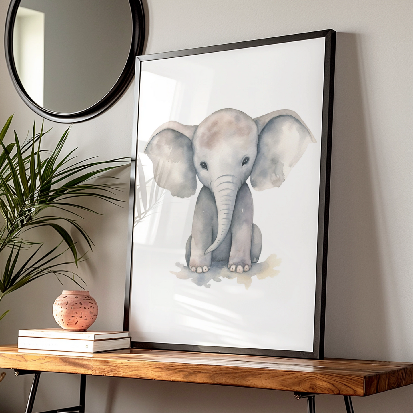 Baby Elephant Nursery Wall Art, Watercolour Animal Print, Grey Kids Room Poster