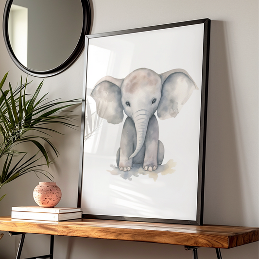 Baby Elephant Nursery Wall Art, Watercolour Animal Print, Grey Kids Room Poster