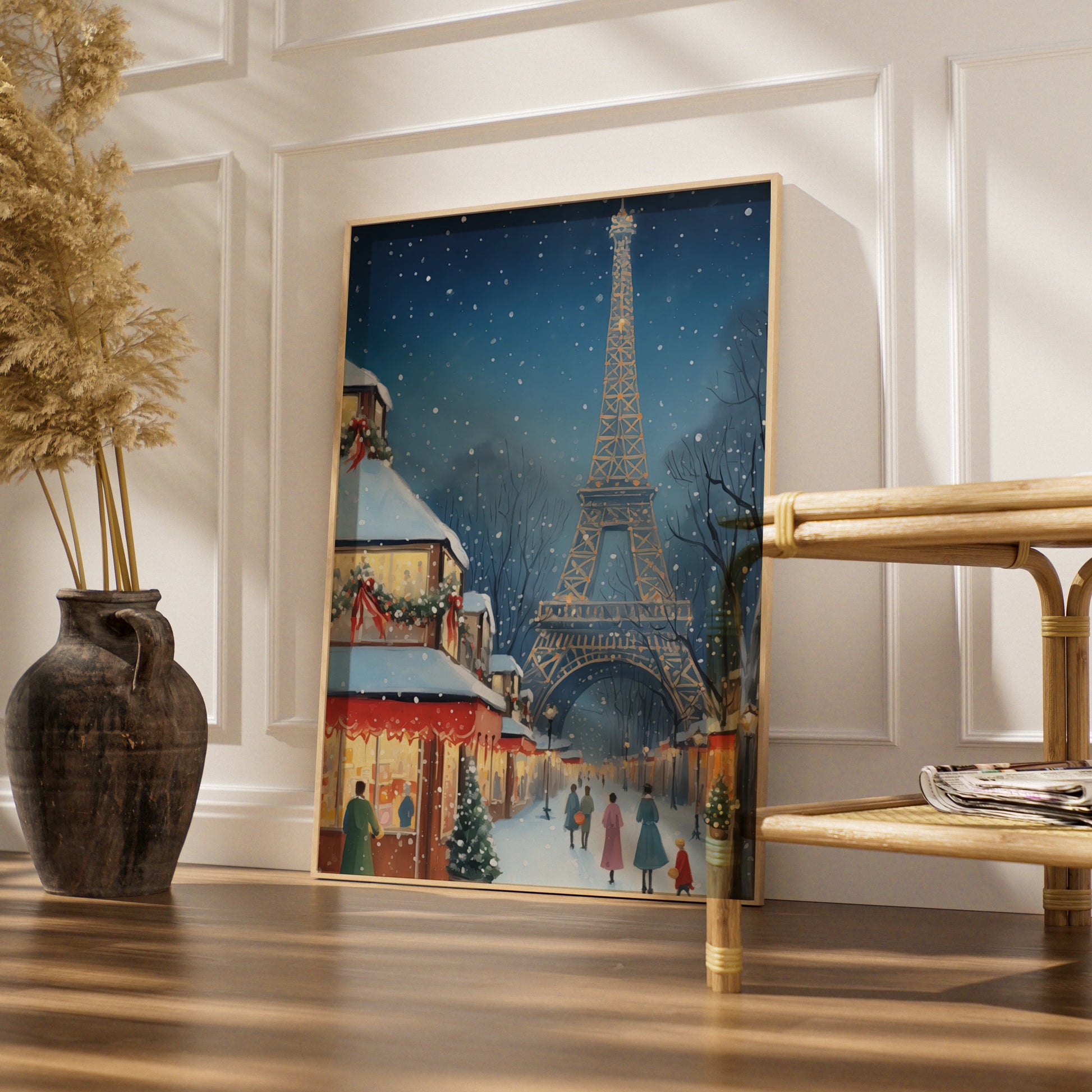 Paris Christmas Poster, Eiffel Tower Winter Snow Scene, French Holiday Wall Art Print