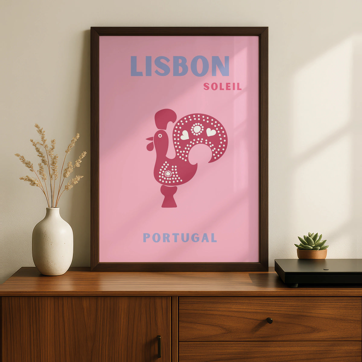 Lisbon Portugal Travel Poster, Retro Wall Art, Pink Rooster Print, Iberian Decor