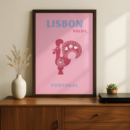 Lisbon Portugal Travel Poster, Retro Wall Art, Pink Rooster Print, Iberian Decor
