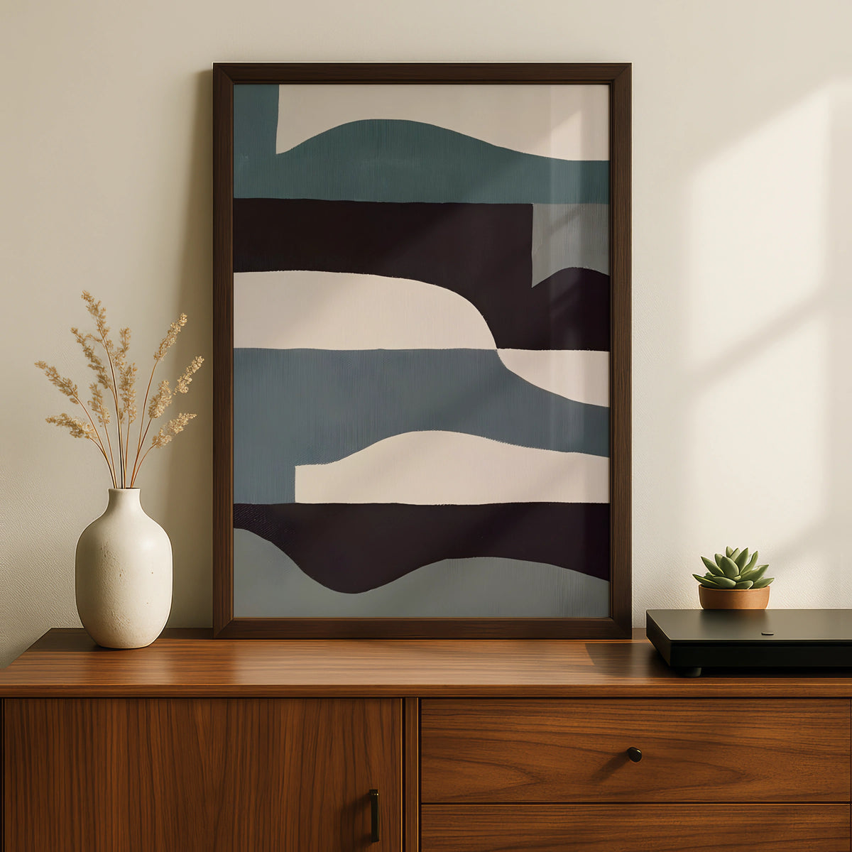 Abstract Wave Art Print, Modern Monochrome Poster, Teal Black Neutral Wall Art, Gallery Wall Print