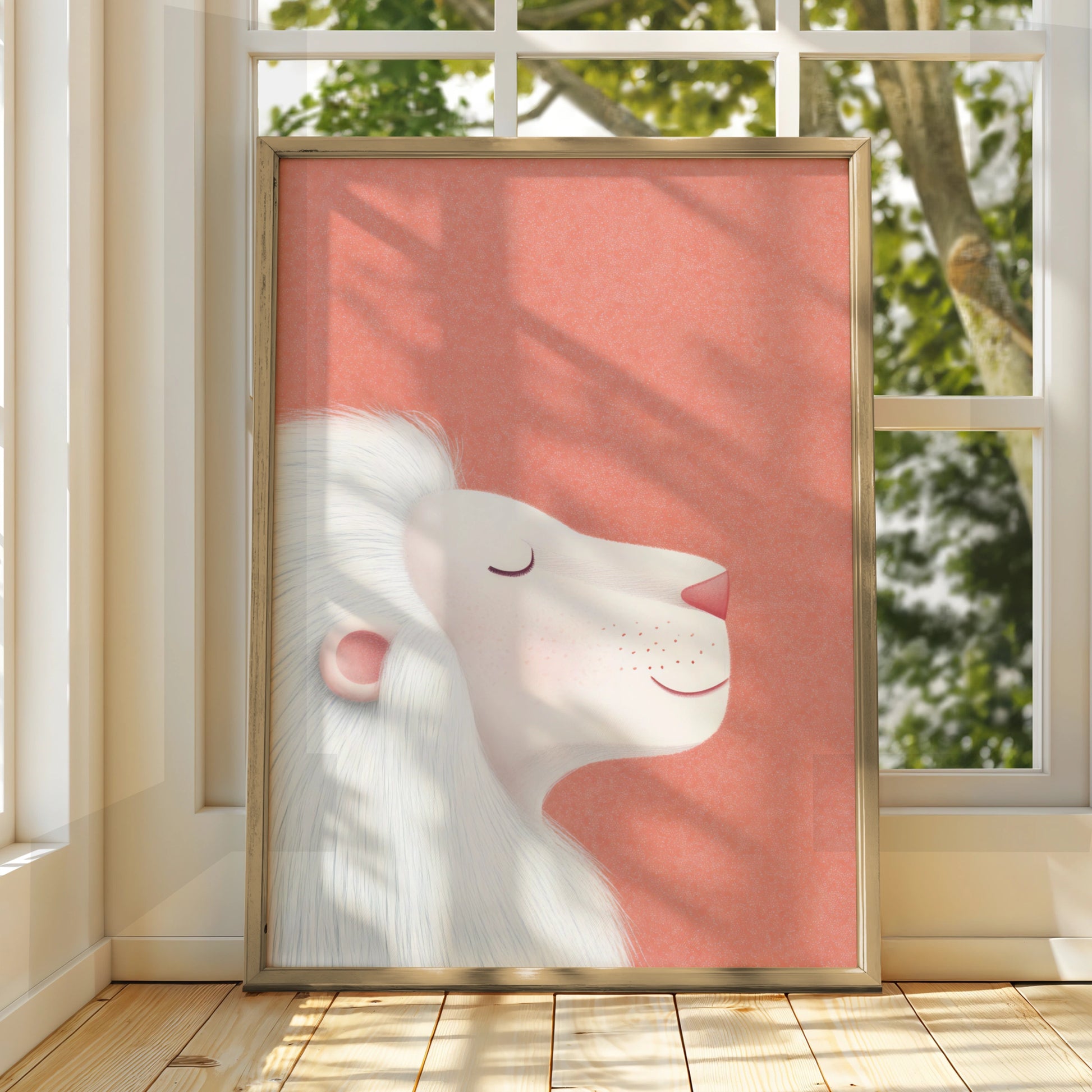 White Lion Nursery Wall Art, Coral Pink Baby Room Poster, Kids Animal Print, Cute Lion