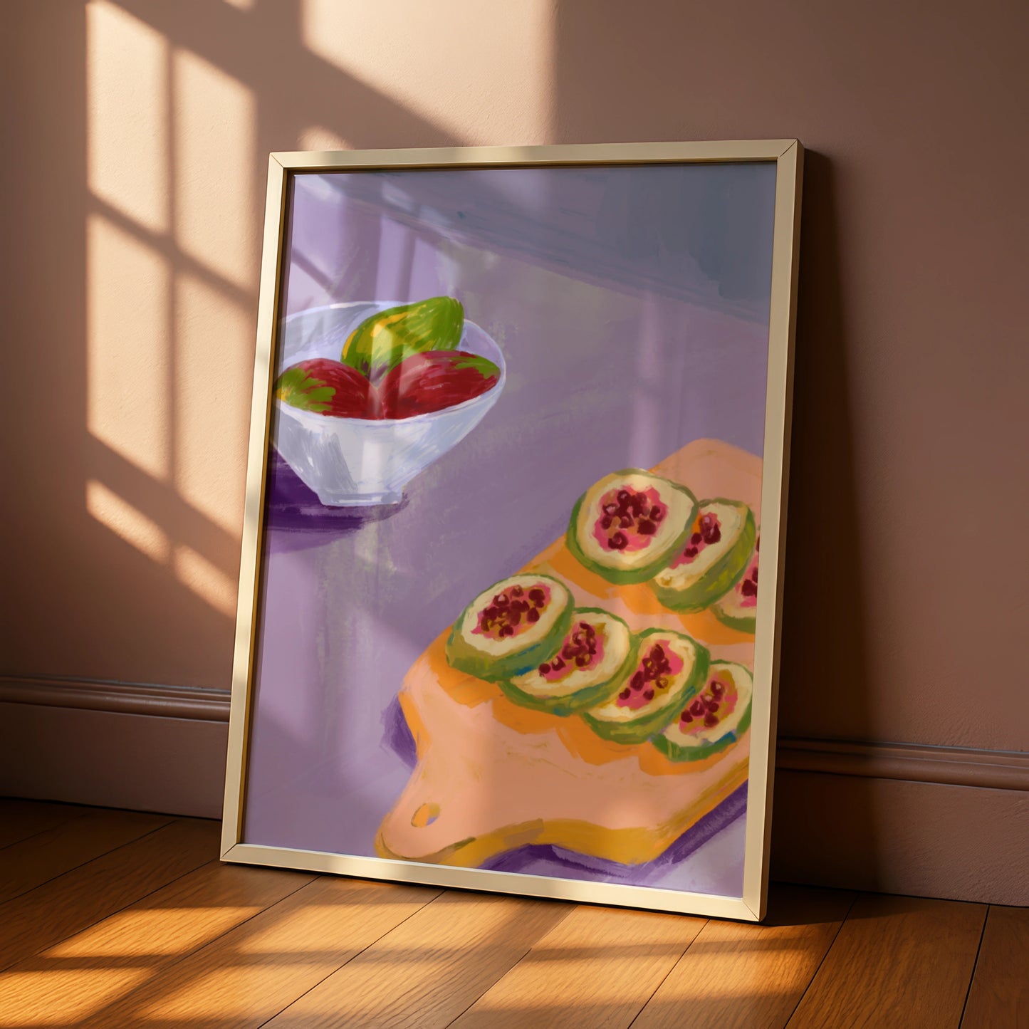 Maximalist Fruit Still Life Poster, Bold Kitchen Wall Art, Fig Cutting Board Print, Colourful