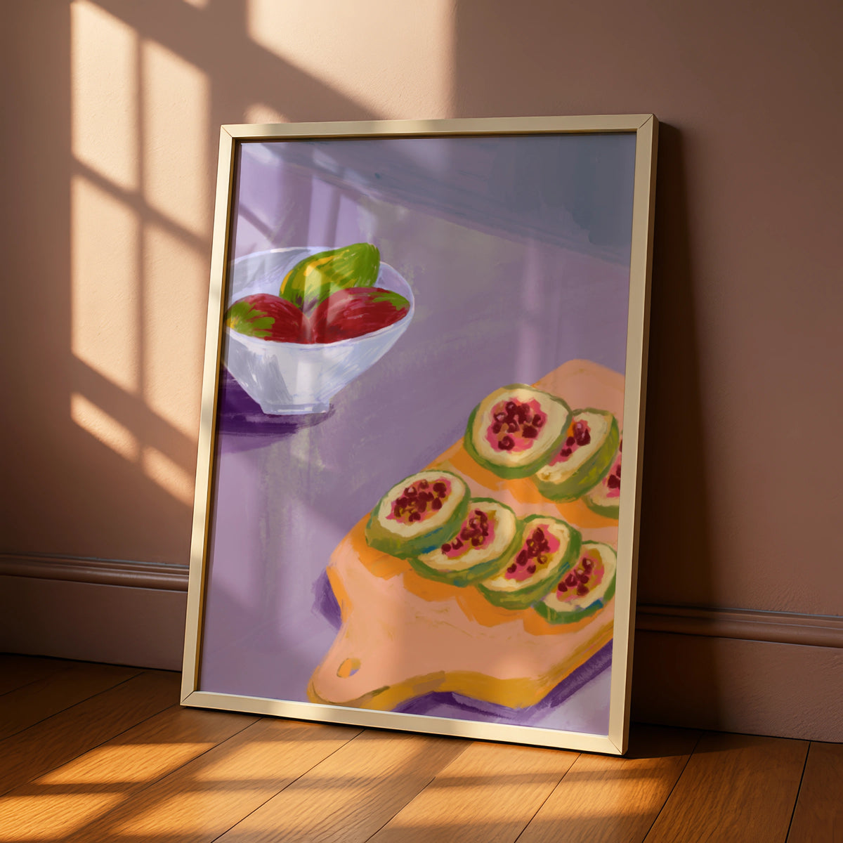 Maximalist Fruit Still Life Poster, Bold Kitchen Wall Art, Fig Cutting Board Print, Colourful