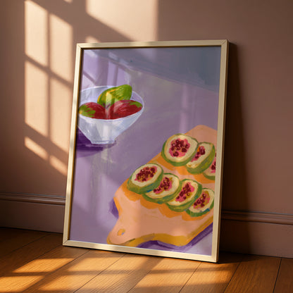 Maximalist Fruit Still Life Poster, Bold Kitchen Wall Art, Fig Cutting Board Print, Colourful