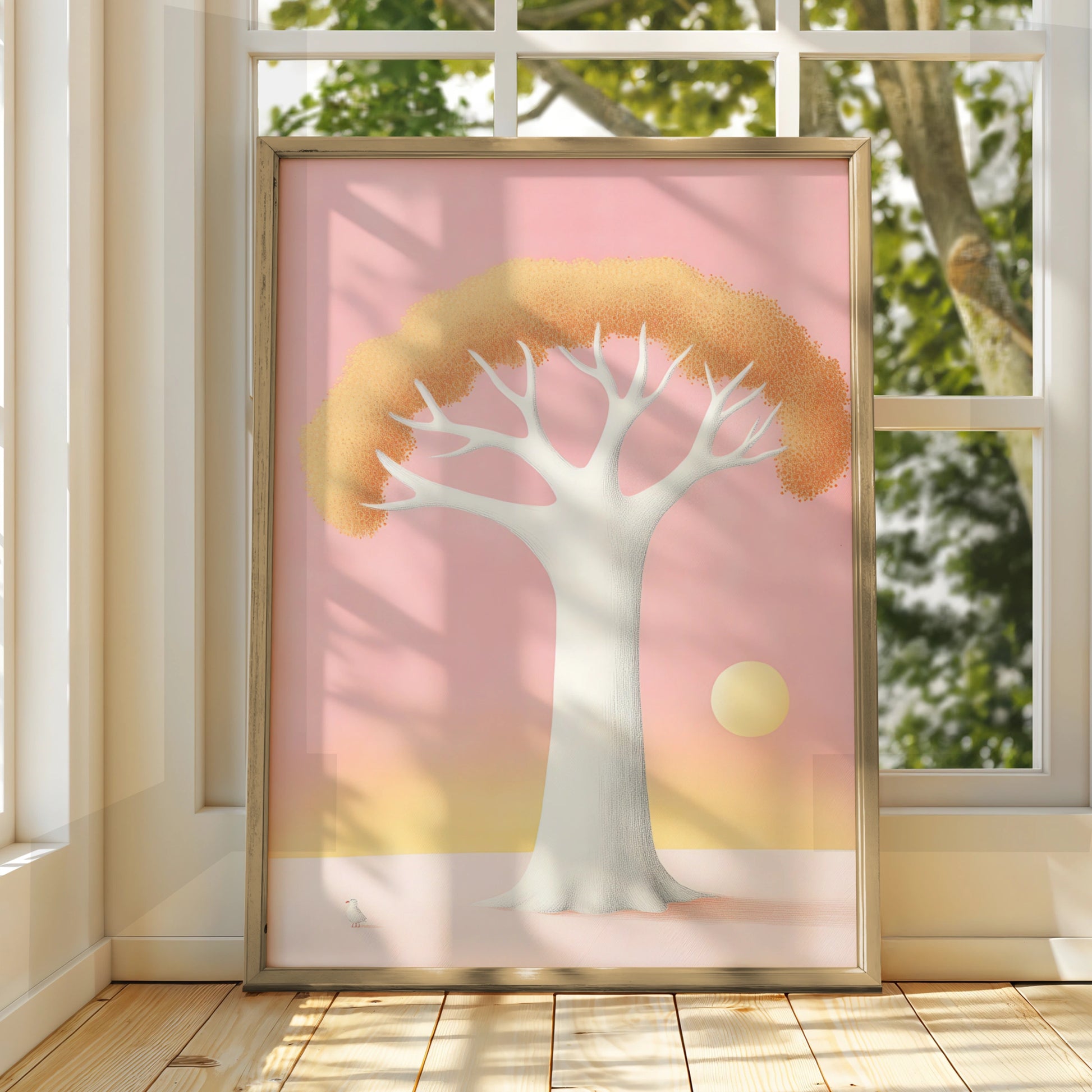 Nursery Wall Art Pink Tree Print, Boho Baby Room Poster, Pastel Sunset Children's Decor