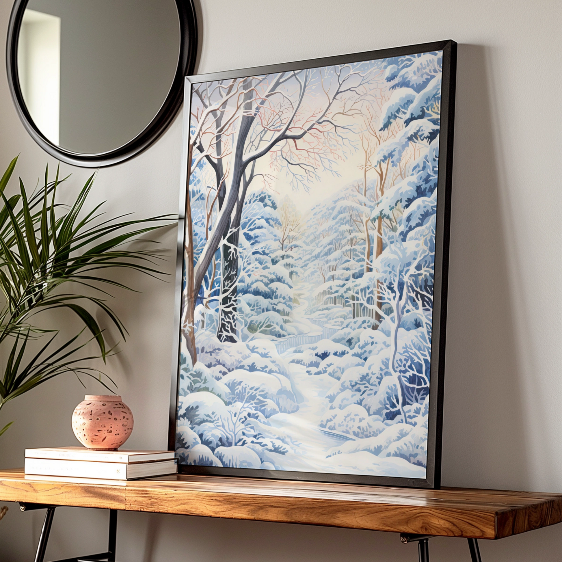 Winter Forest Christmas Poster, Snowy Woodland Wall Art, Blue White Nature Print