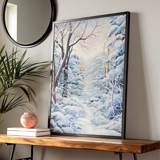 Winter Forest Christmas Poster, Snowy Woodland Wall Art, Blue White Nature Print