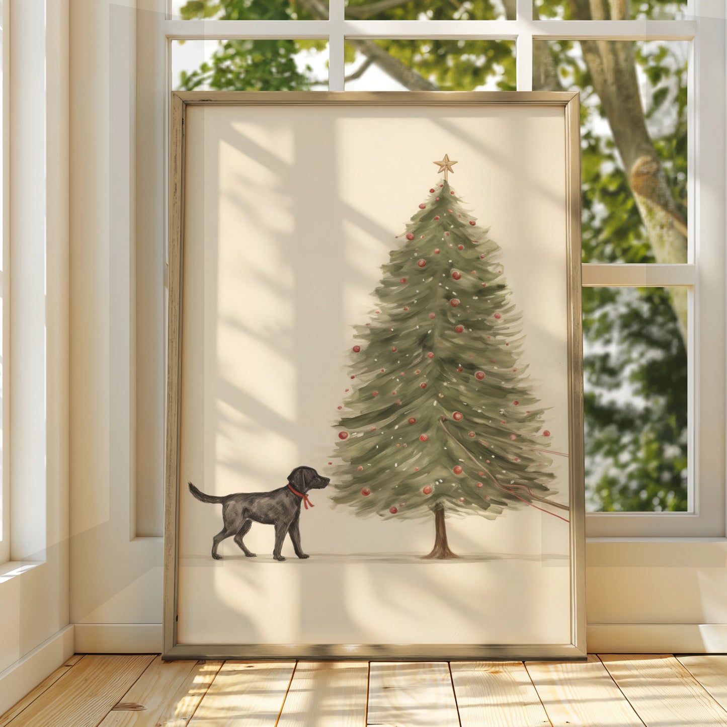 Black Labrador Christmas Poster, Dog Christmas Tree Wall Art, Festive Dog Print